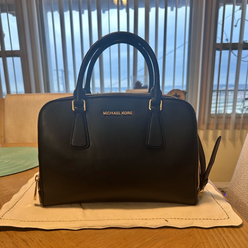 Michael Kors Black Saffiano Dome Satchel with Gold Hardware